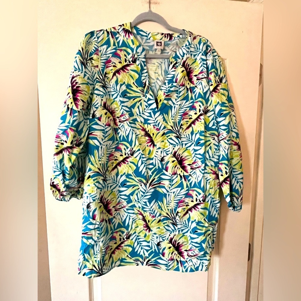 Anne Klein Colorful Tropical Print Linen Blouse Summer Top Size 0X